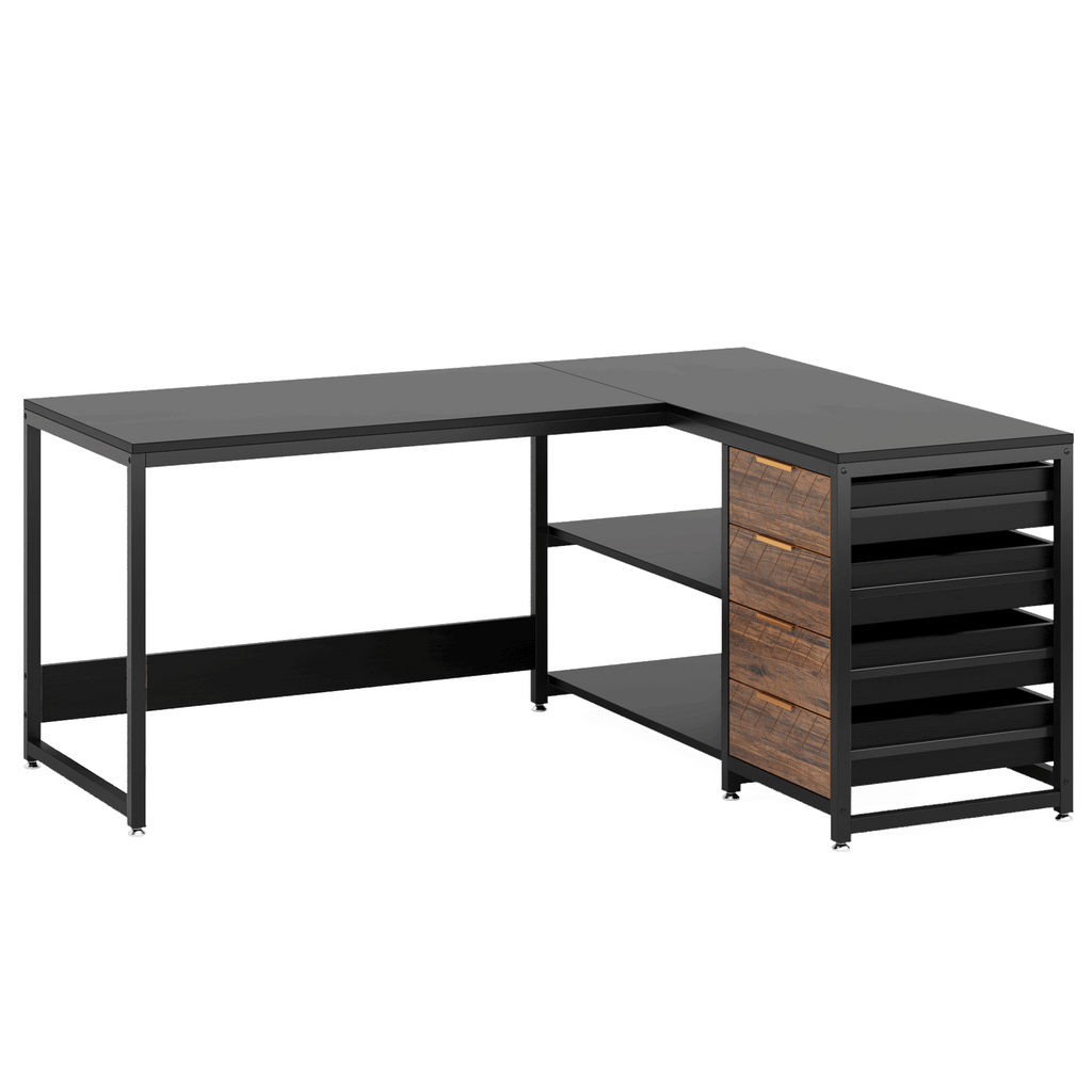 59 Inches L-Shaped Computer Desk with Drawers and Storage Shelves