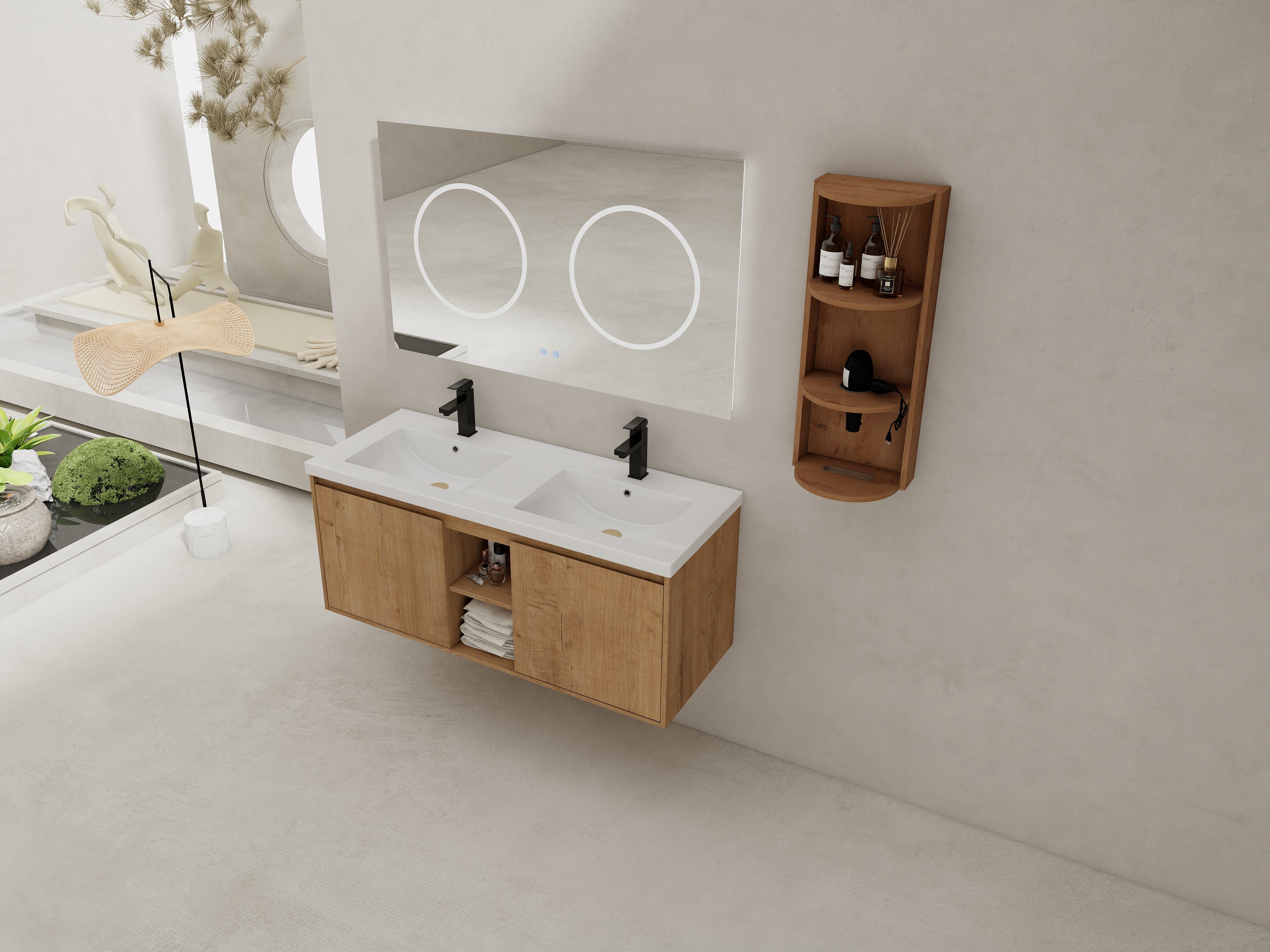 48" Wall-Mounted Bathroom Vanity With Double Sink and Storage Rack