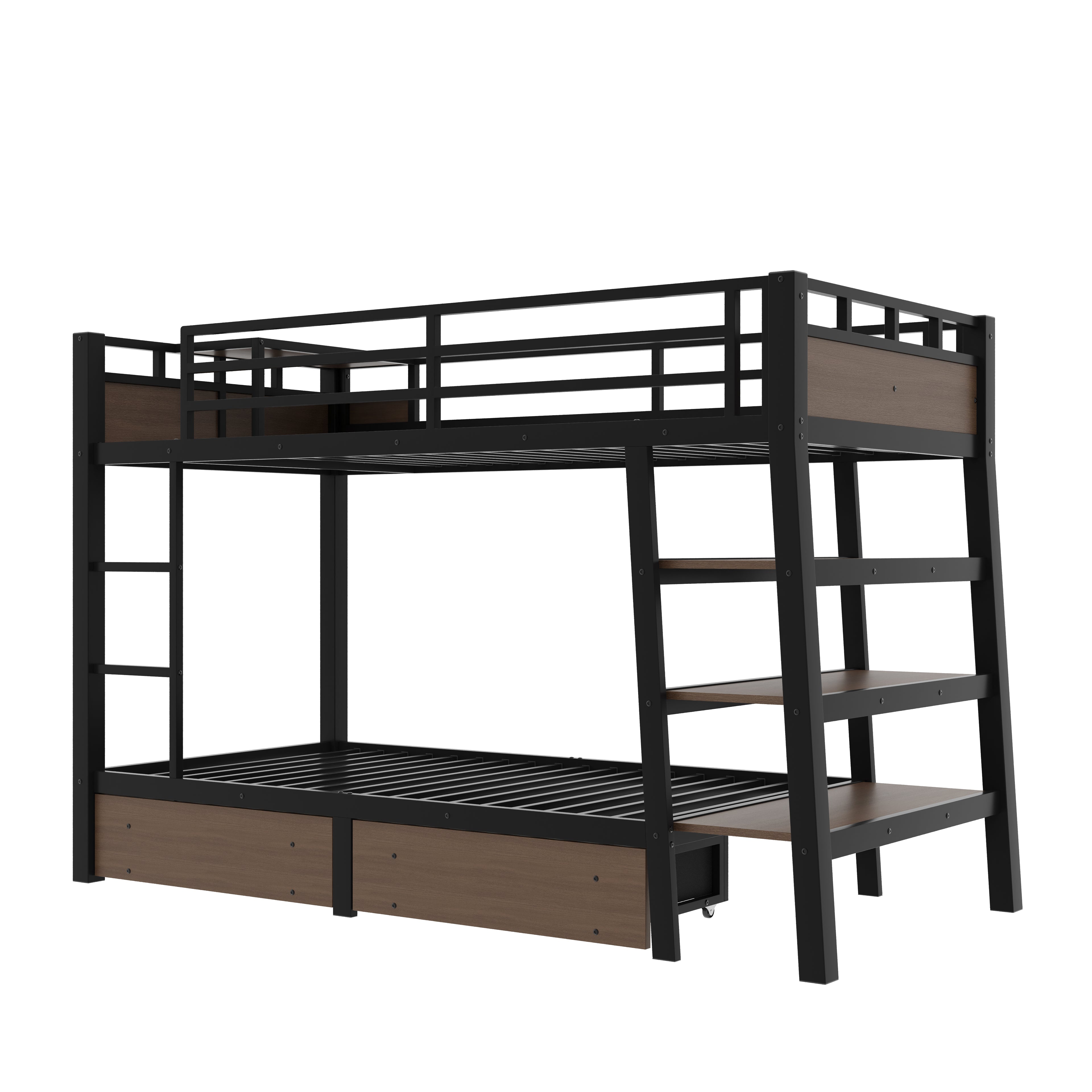 Twin Size Metal Bunk Bed with Storage Shelves and USB Power