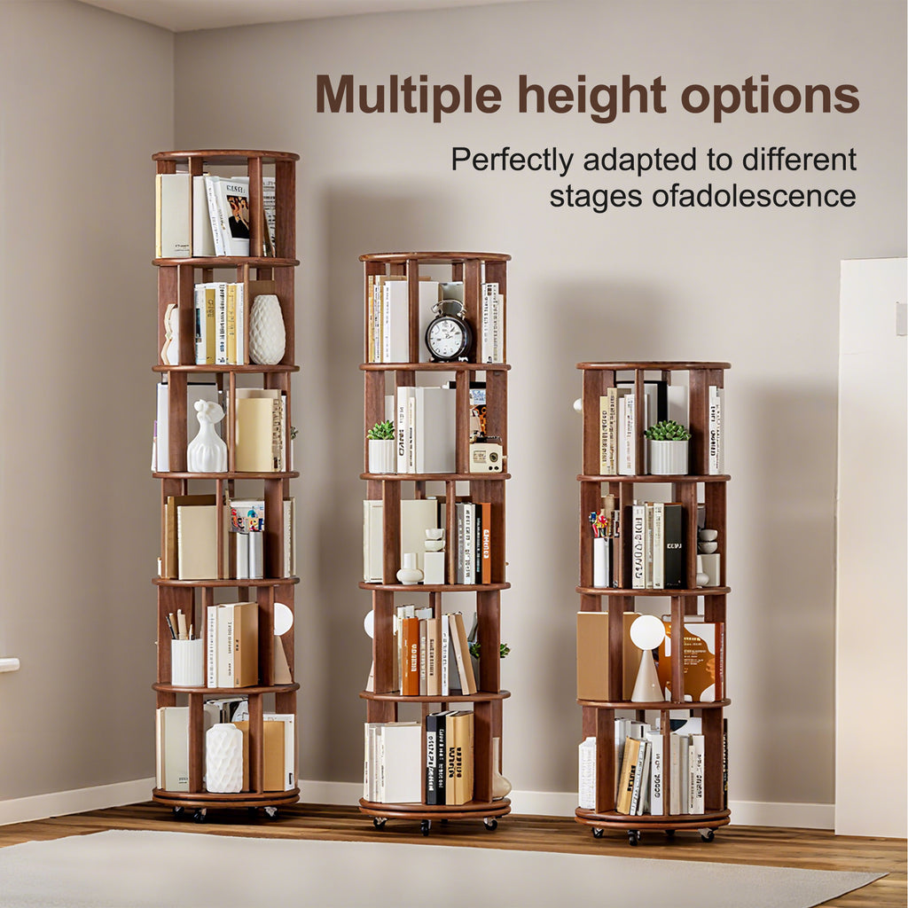 Solid Wood Rotating Bookshelf on Wheels - 4 Tier