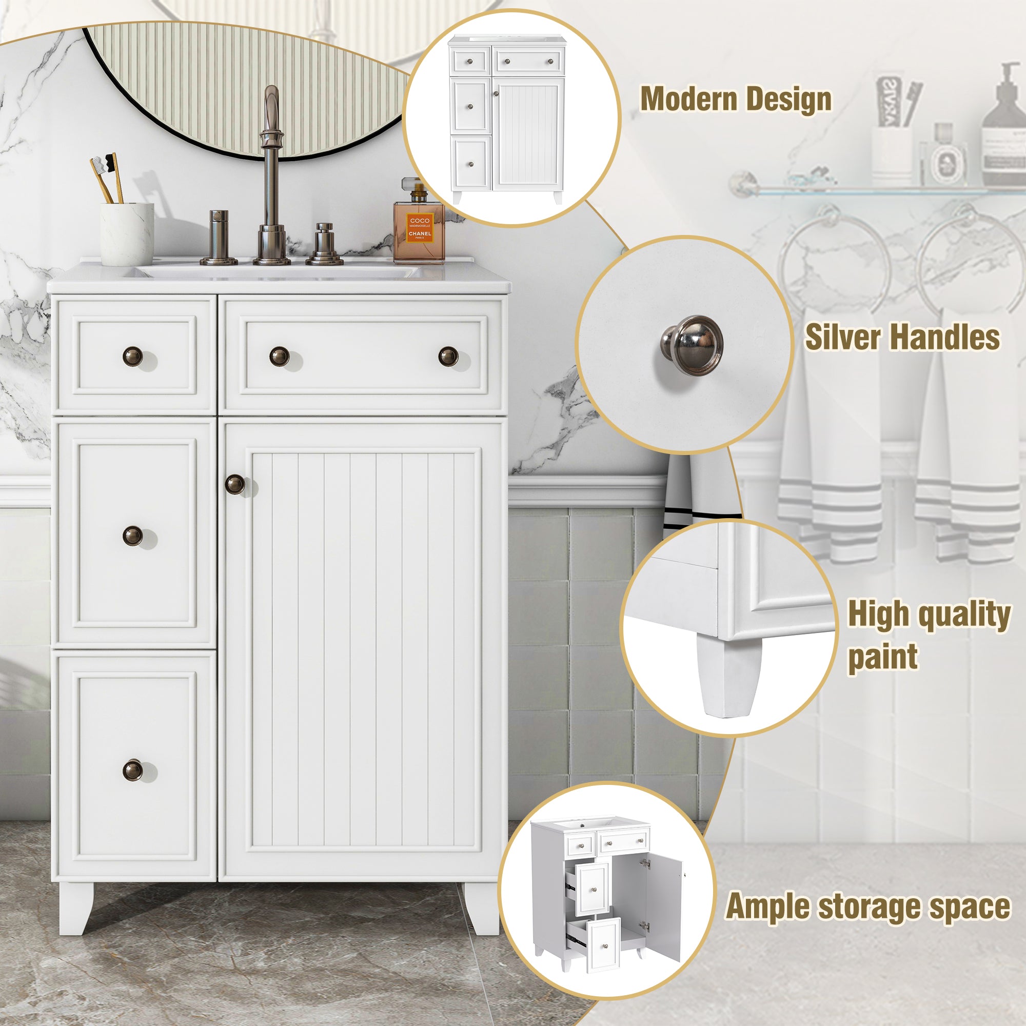 24-Inch Bathroom Vanity Cabinet with Ceramic Sink, 2 Drawers, 1 Door