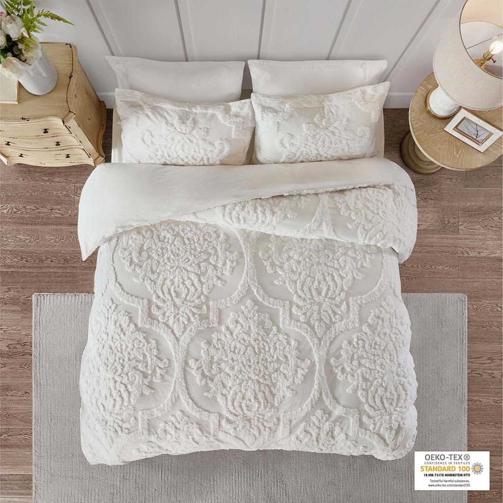 Full/Queen 3 Piece Tufted Cotton Chenille Damask Duvet Cover Set