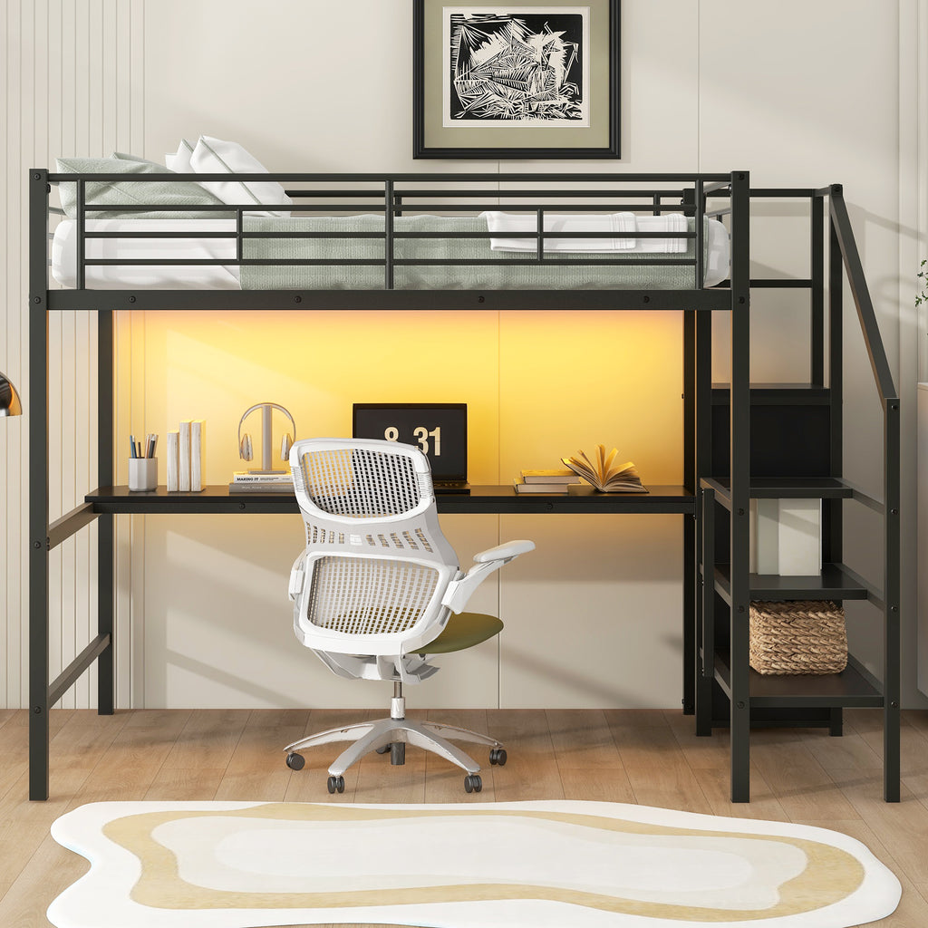 Full Size Metal Loft Bed with Desk, Storage Staircase, Small Wardrobe and LED Light