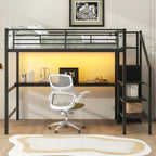 Full Size Metal Loft Bed with Desk, Storage Staircase, Small Wardrobe and LED Light