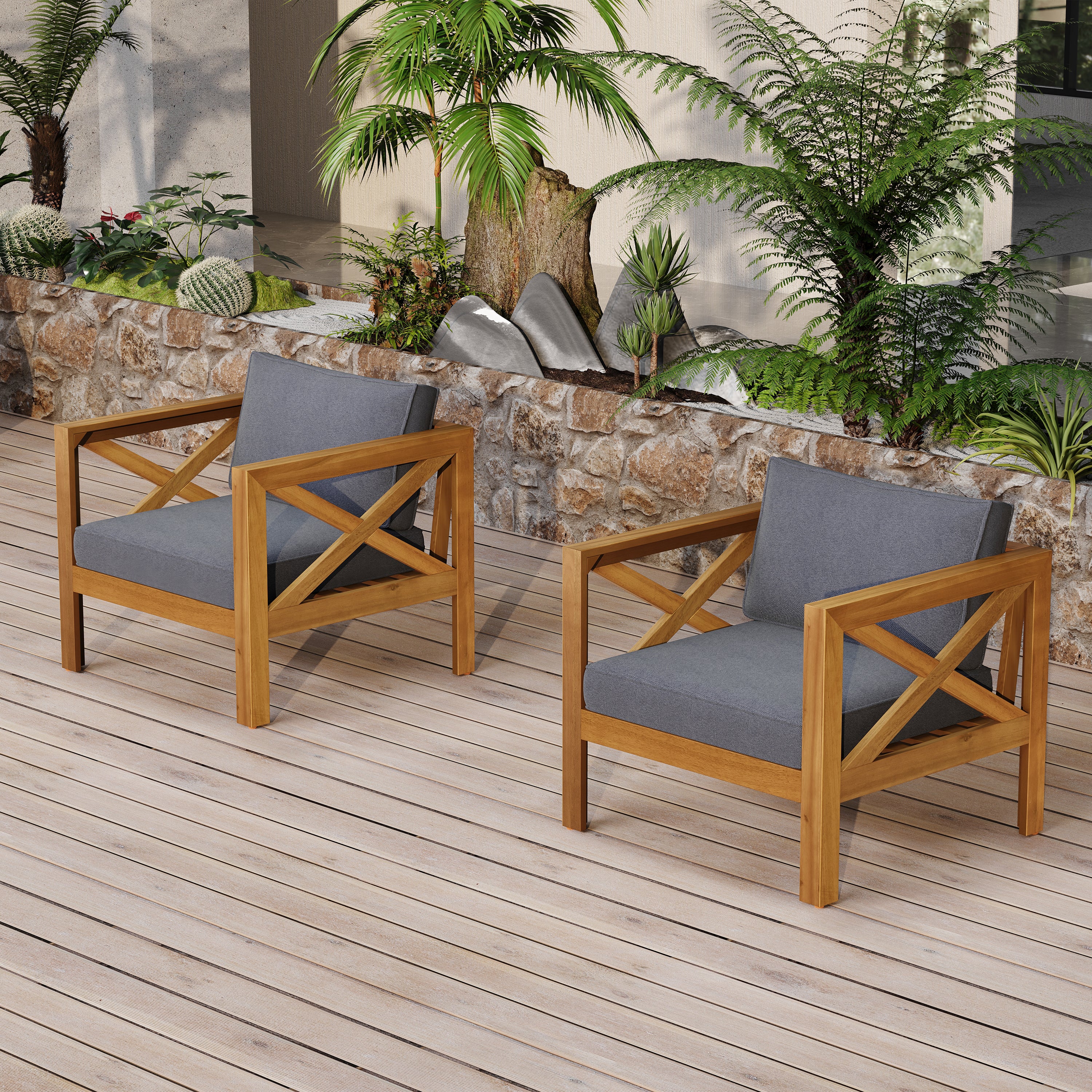 Outdoor Acacia Wood Club Wooden Armchair with Cushions (Set of 4)
