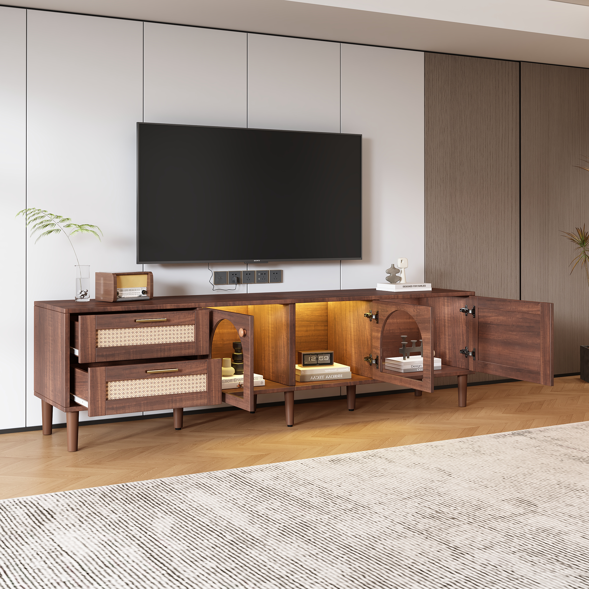 Rattan TV Stand with 3 Cabinets and 2 Drawers