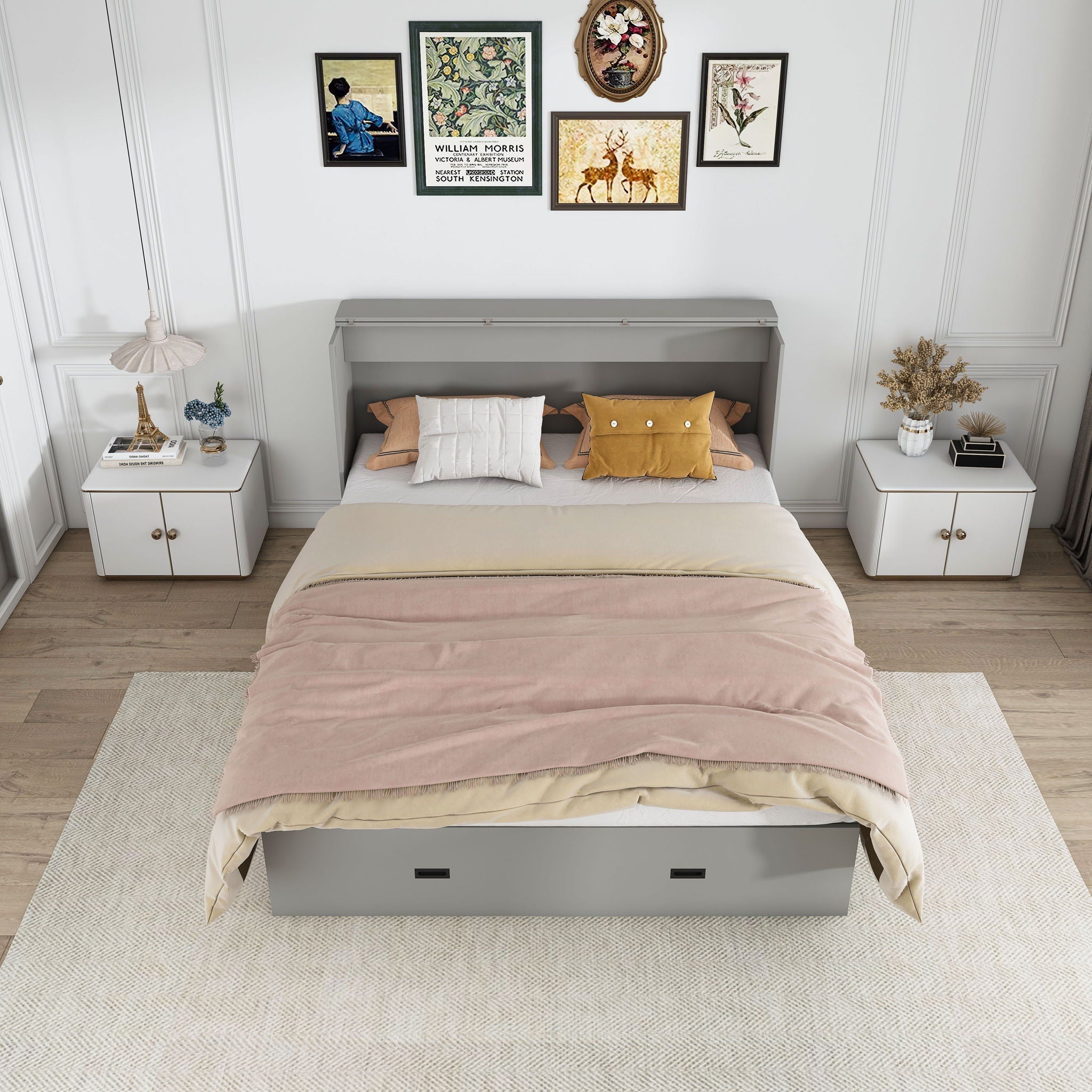 Murphy Bed With Storage Drawers And Charging Cabinet, Foldable Panels, Swivel Wheels