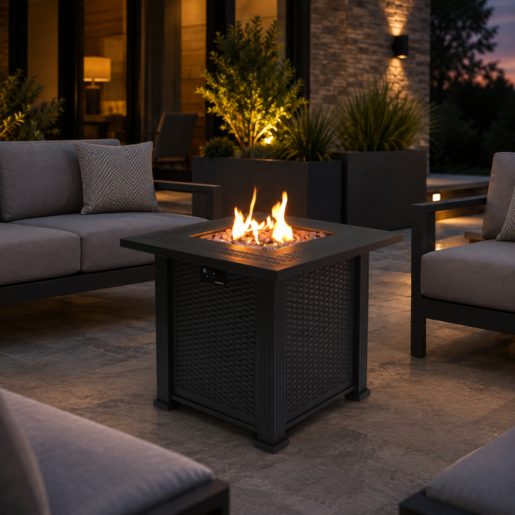 27.95-Inch Modern Outdoor Fire Pit Table with Lava Rocks, Black Steel