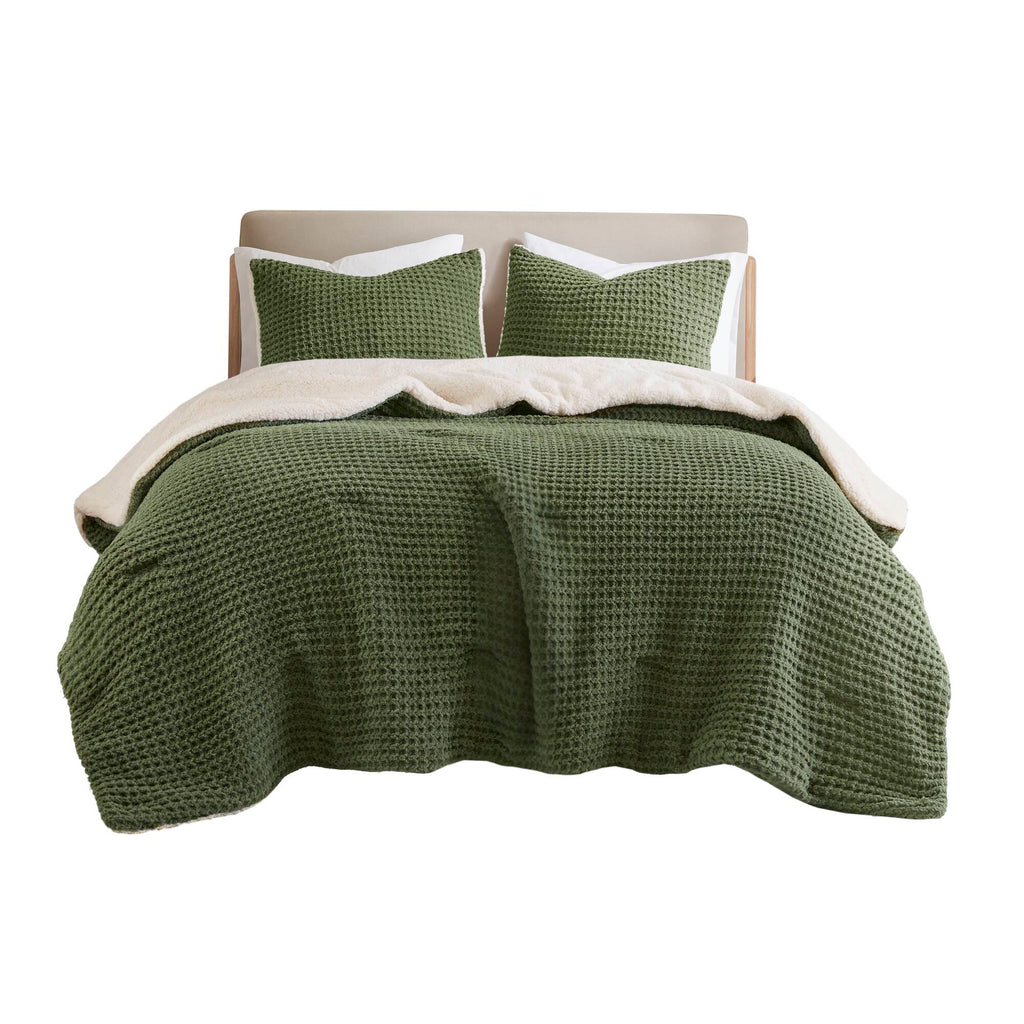 3 Pieces King/Cal King Waffle Knit Chenille Comforter Set, Olive