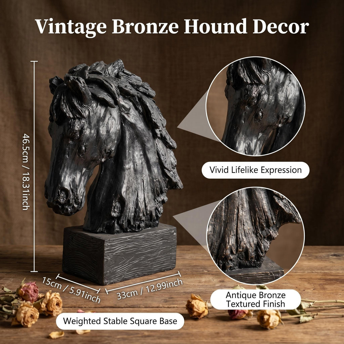 Black Rustic Horse Head Sculpture with Base, 19''  Vintage Wood Texture Resin Horse Bust Statue Decor, Farmhouse Western Tabletop Horse Figurine Ornament for Home Office Desk Shelf Decor