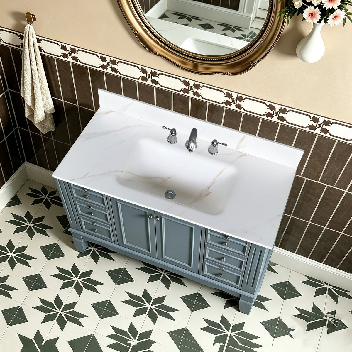 43-Inch Sintered Stone Vanity Top with Integrated Sink, Calacatta Gold