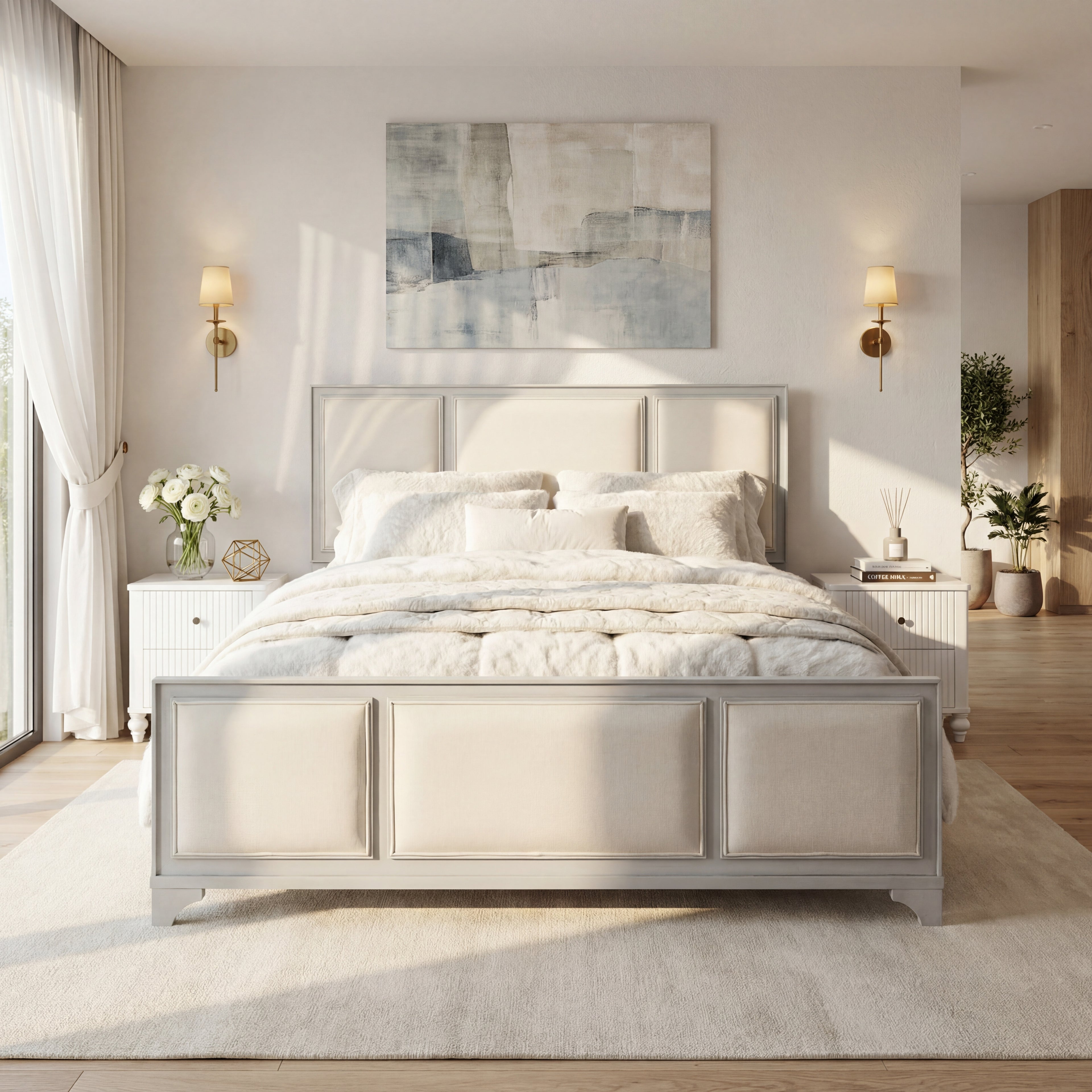 Queen Size Wooden Bed Frame with Upholstered Headboard