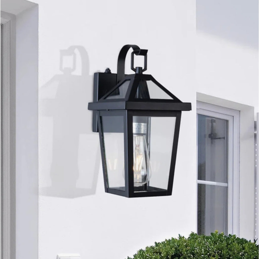 13-Inch Dusk to Dawn Outdoor Wall Light, Modern Black Metal and Glass