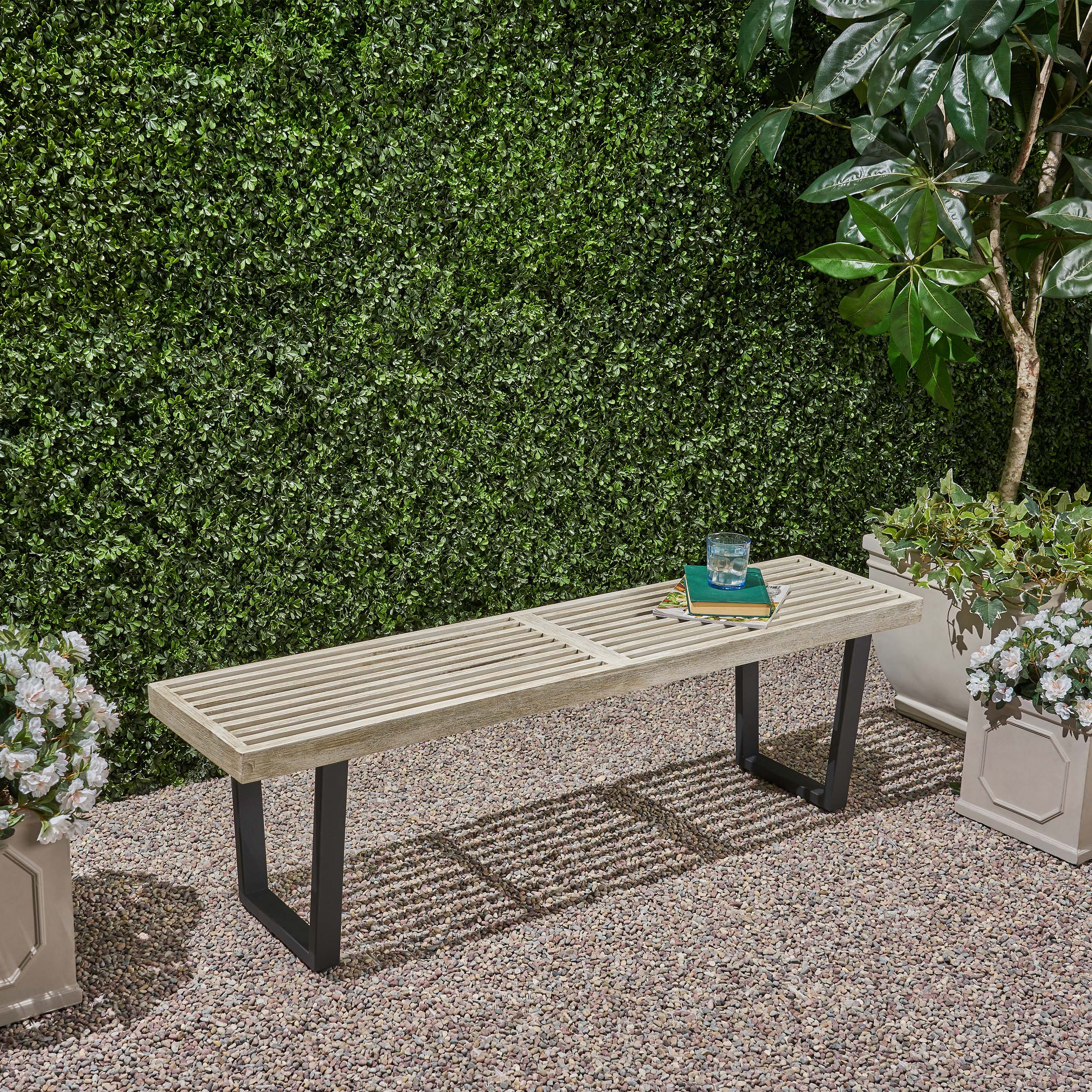 Metal/Solid Wood Outdoor Bench