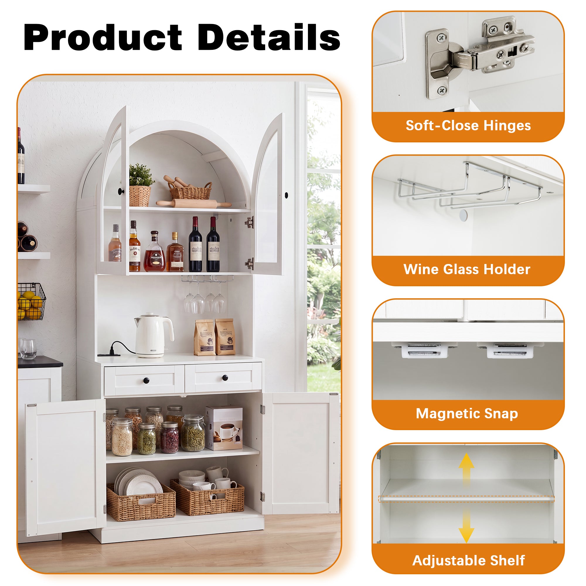 75" Farmhouse Tall Arched Pantry Cabinet