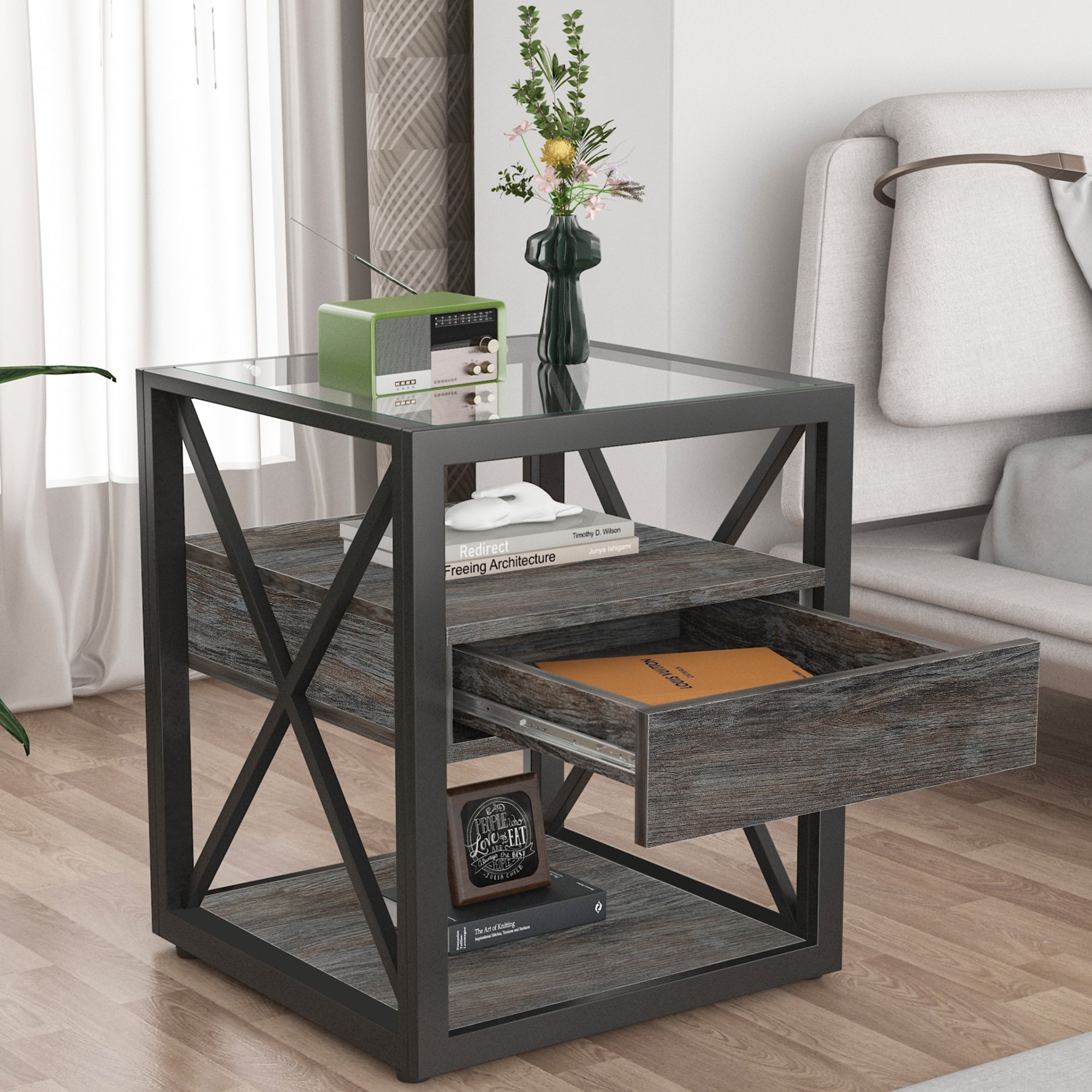 Set of 2 Modern End Tables with Drawer - Nightstand