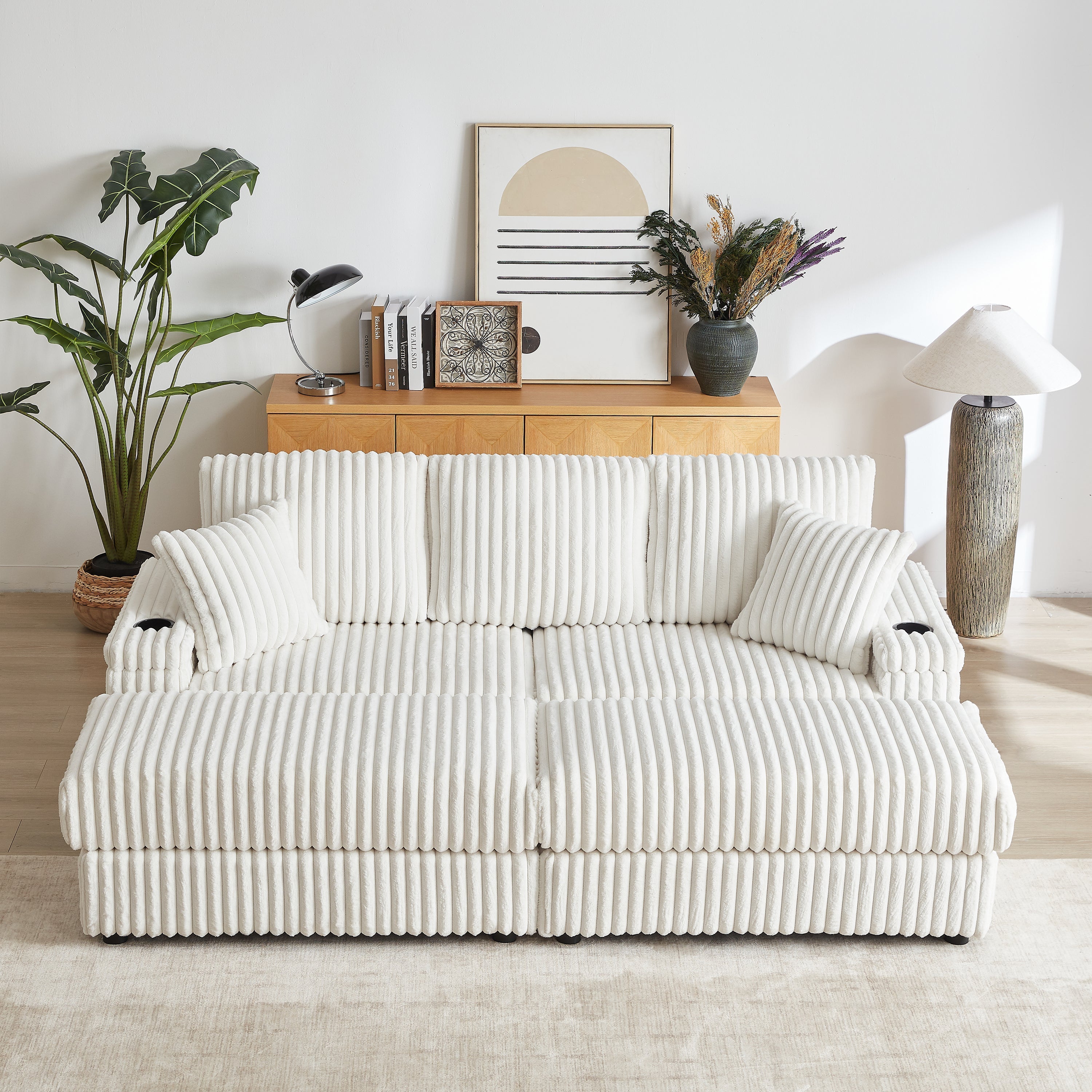 84-Inch Corduroy 3-Seater Sofa with Pillows and Ottomans