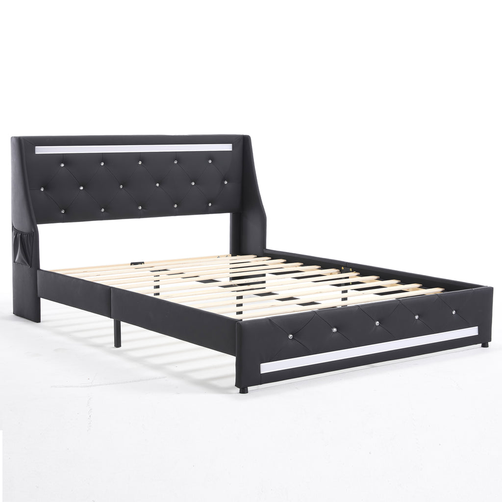 Full Size Bed Frame with LED Lights & Charging Station