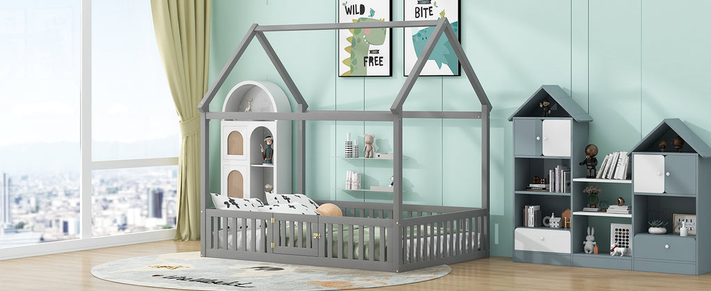 Full Size Wood House Bed with Fence and Door