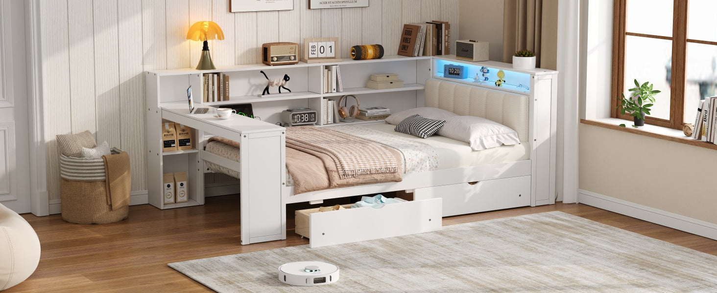 Wood Full Size Platform Bed with Storage Shelves and Charging Station