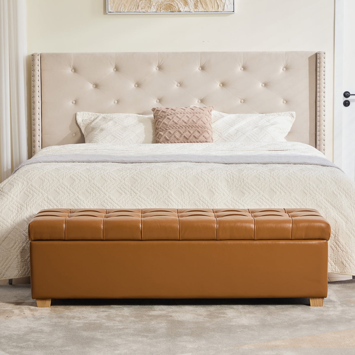 60.2-Inch Upholstered Storage Bench, Tufted Flip-Top, Burnt Brown