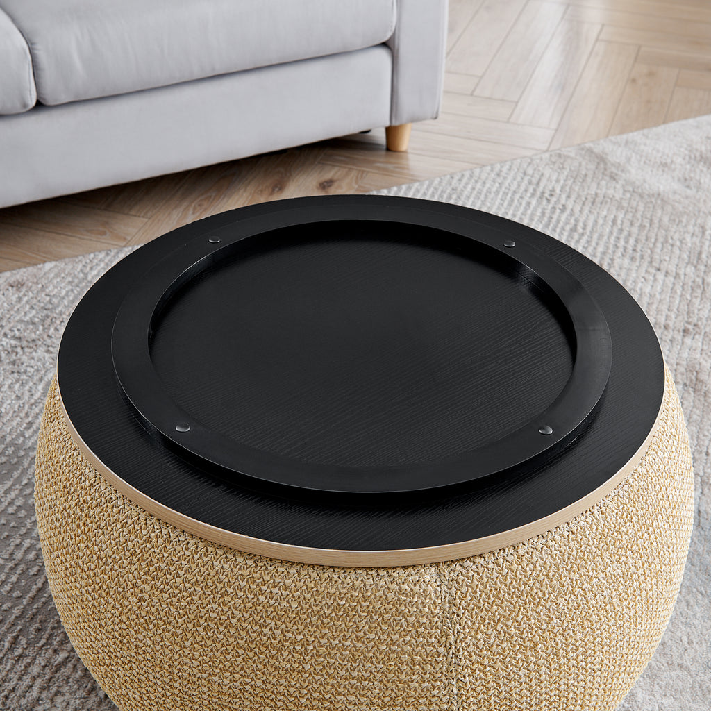 Round Storage Ottoman, Woven Rattan Fabric