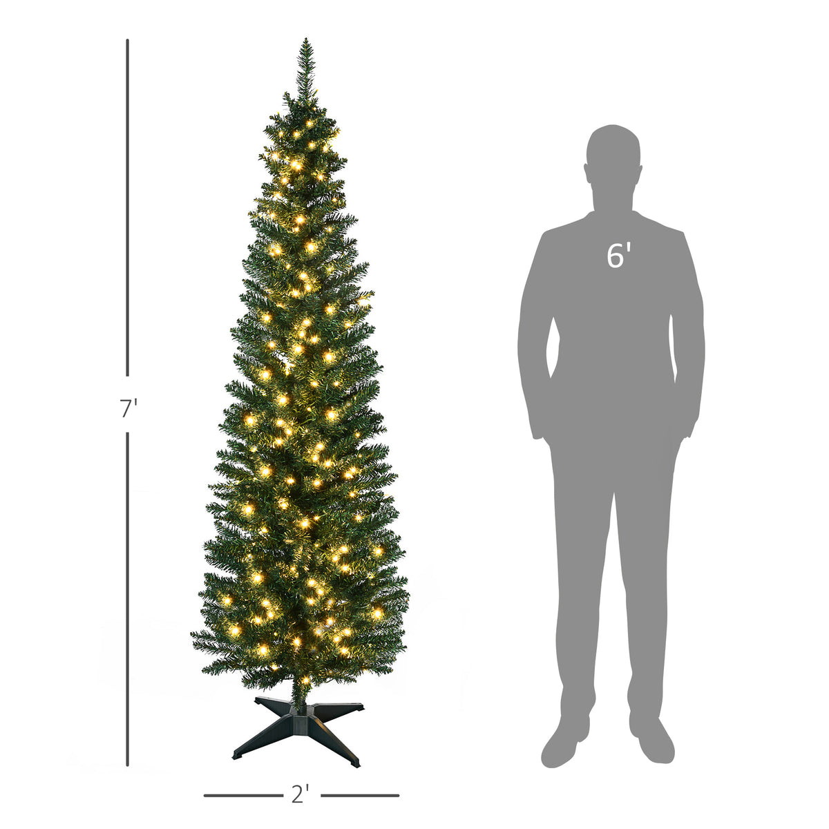 HOMCOM 7-Foot Slim Noble Fir Pre-Lit Artificial Christmas Tree, 200 Warm White Lights