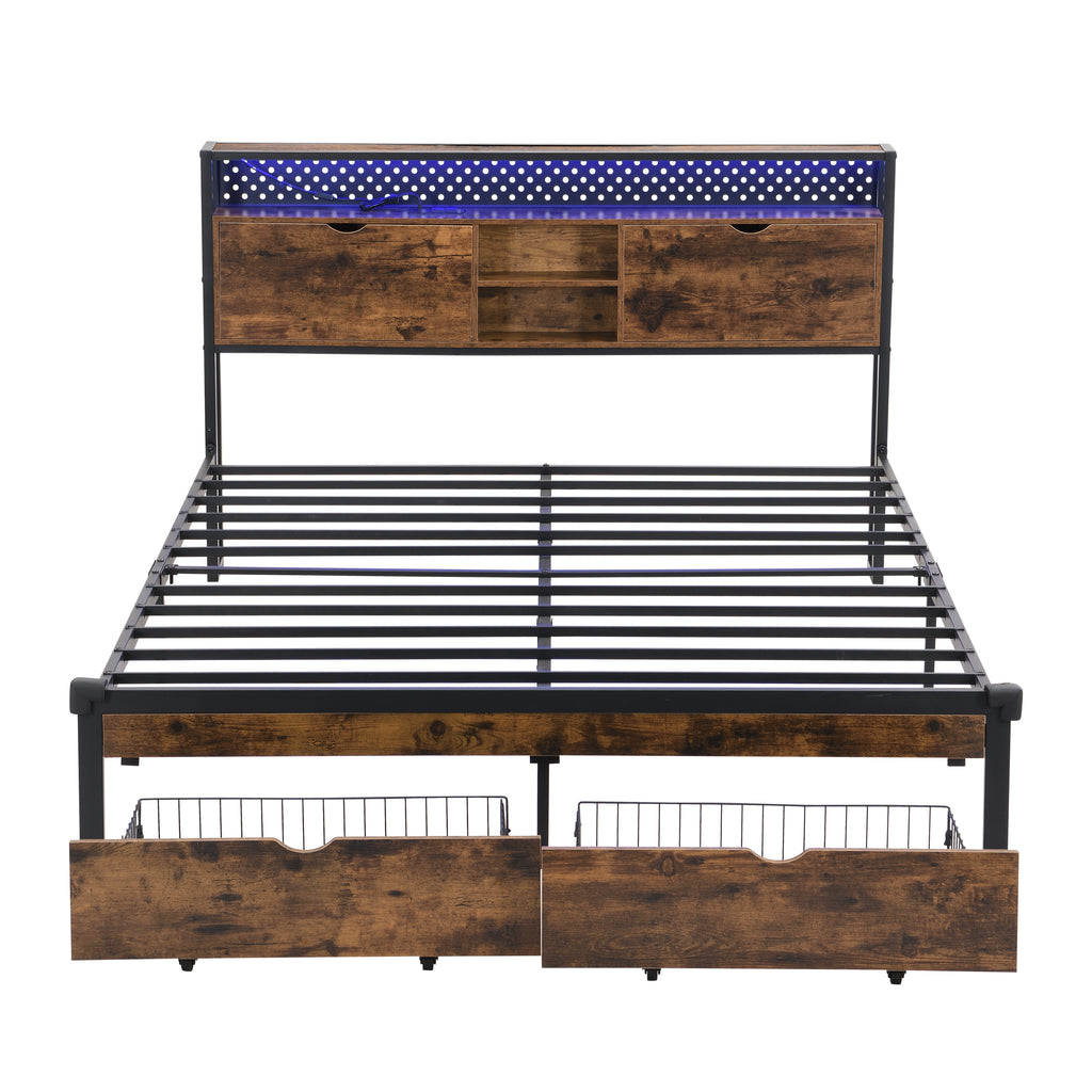 Full Size Metal Platform Bed Frame with Wooden Headboard and USB Charging