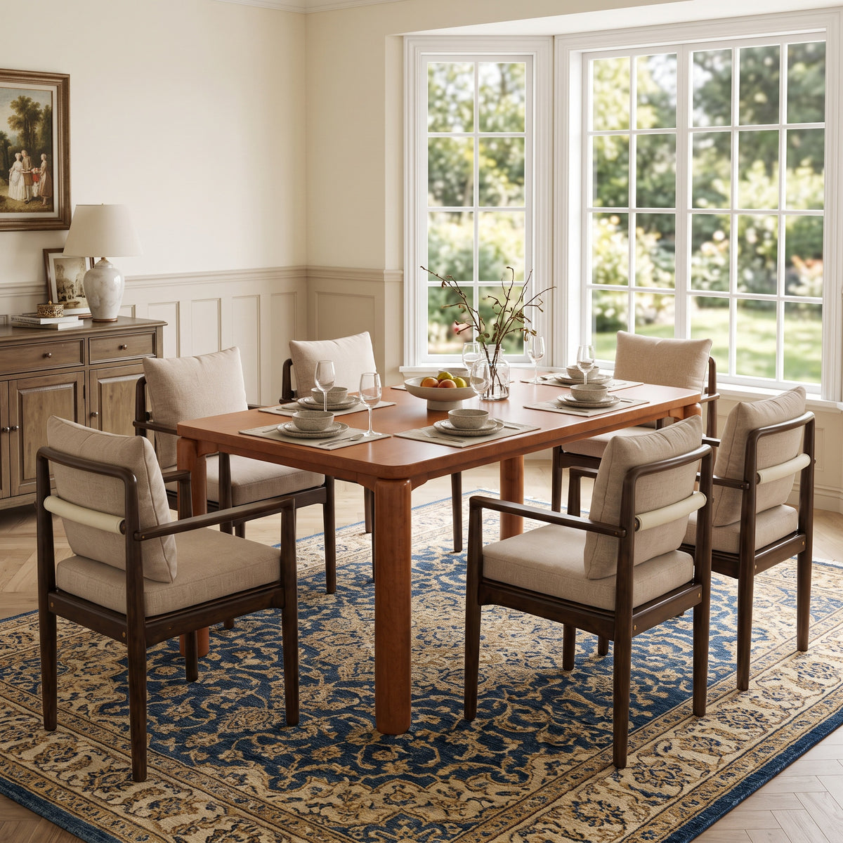 7-Piece Mid-Century Dining Set, 70-Inch Table with 6 Padded Arm Chairs, Walnut and Beige