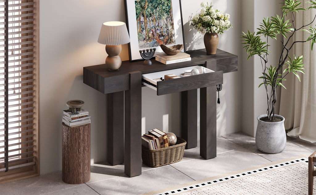 TREXM Rustic Minimalist Console Table with Hidden Drawer