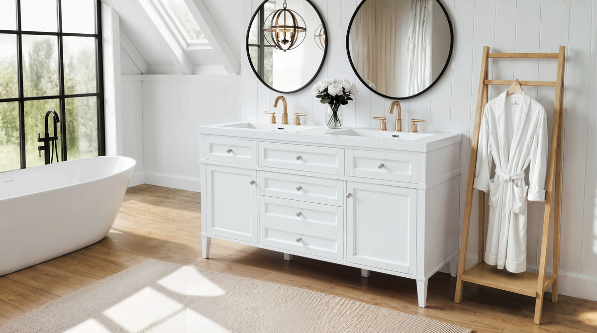 [Video] 59.1" Modern Bathroom Vanity with Resin Sink, Cabinet with 3 Drawers and 2 Doors, Adjustable Shelf, Door-Mounted Storage Rack, Soft-Close Mechanism, Freestanding