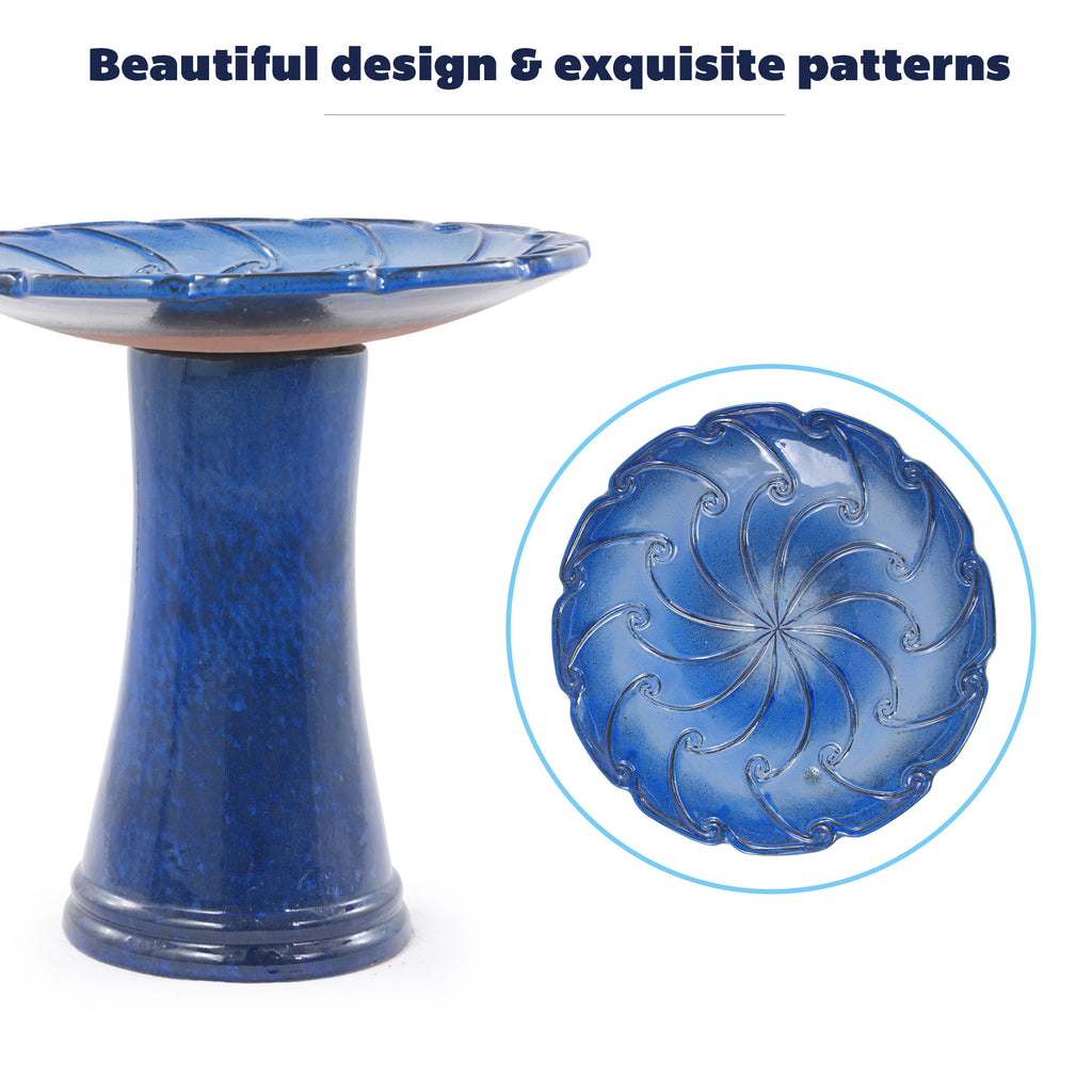 Handmade Glazed Ceramic Bird Bath, 17" Swirling Scroll Embossed Tray