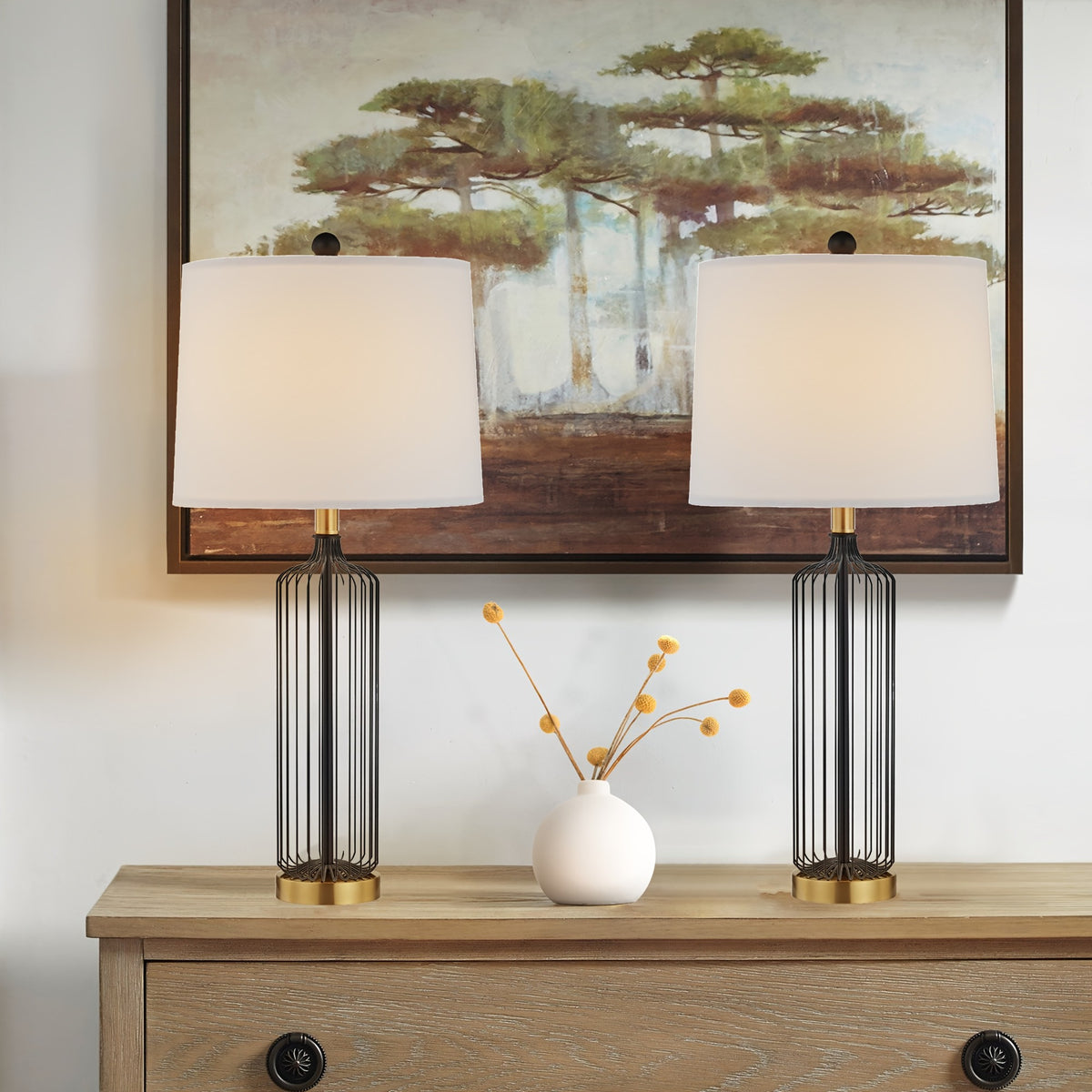 Cage Table Lamp Set of 2, 28 Inches Tall, 3-Way Dimmable, Black Metal