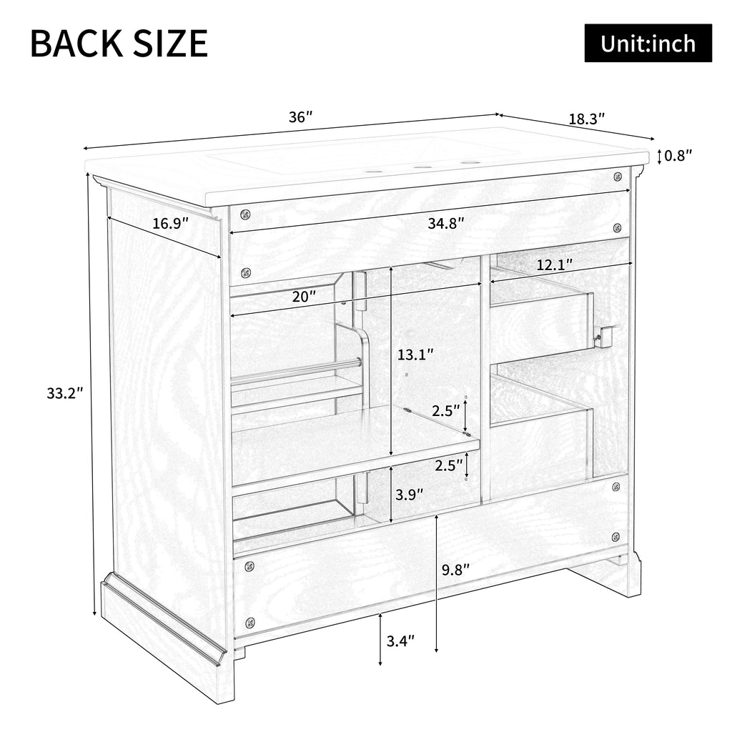 36-Inch Bathroom Vanity with Ceramic Sink Top, 4 Drawers and 1 Soft-Close Door