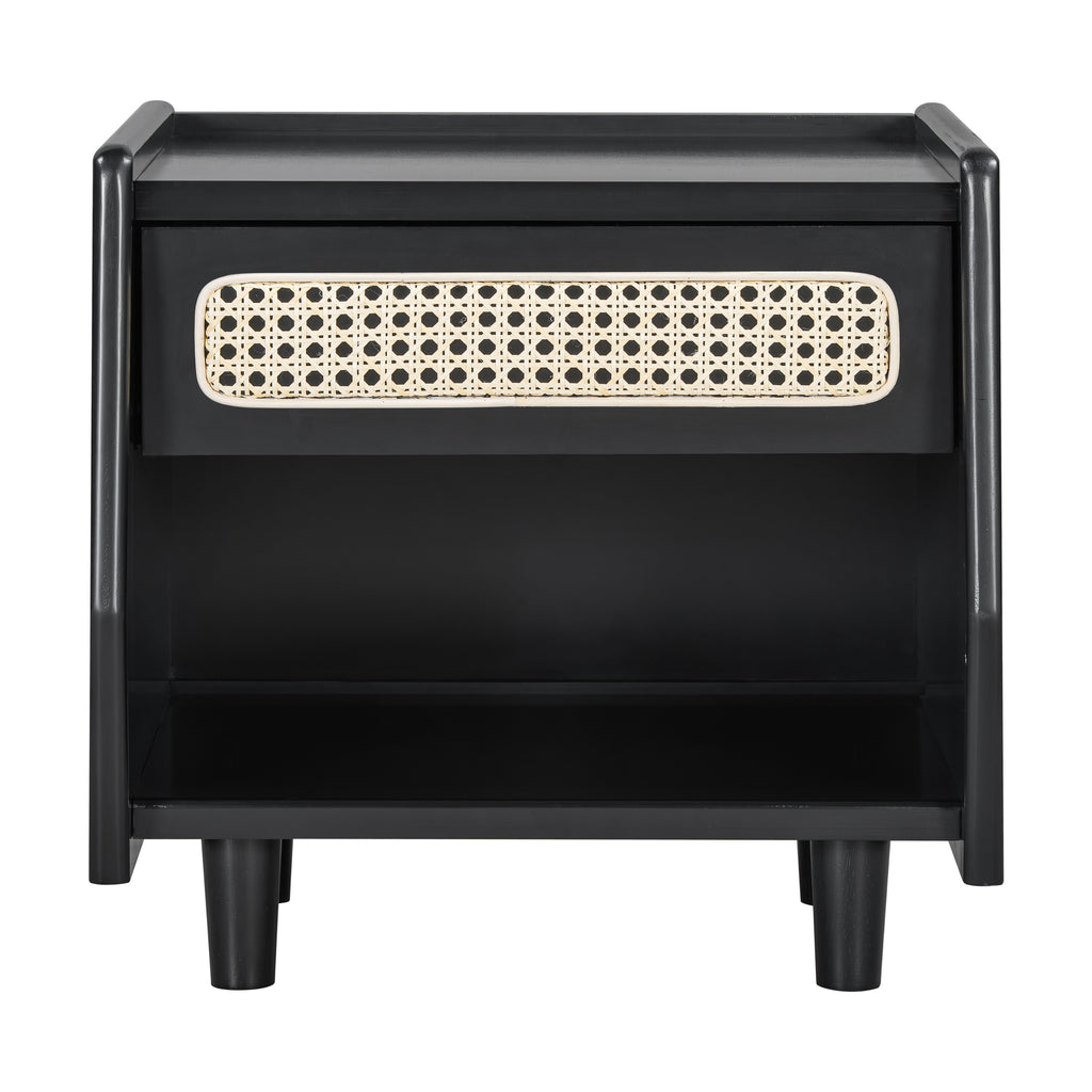 Black Nightstand with Rattan Detail