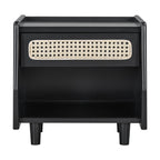 Black Nightstand with Rattan Detail