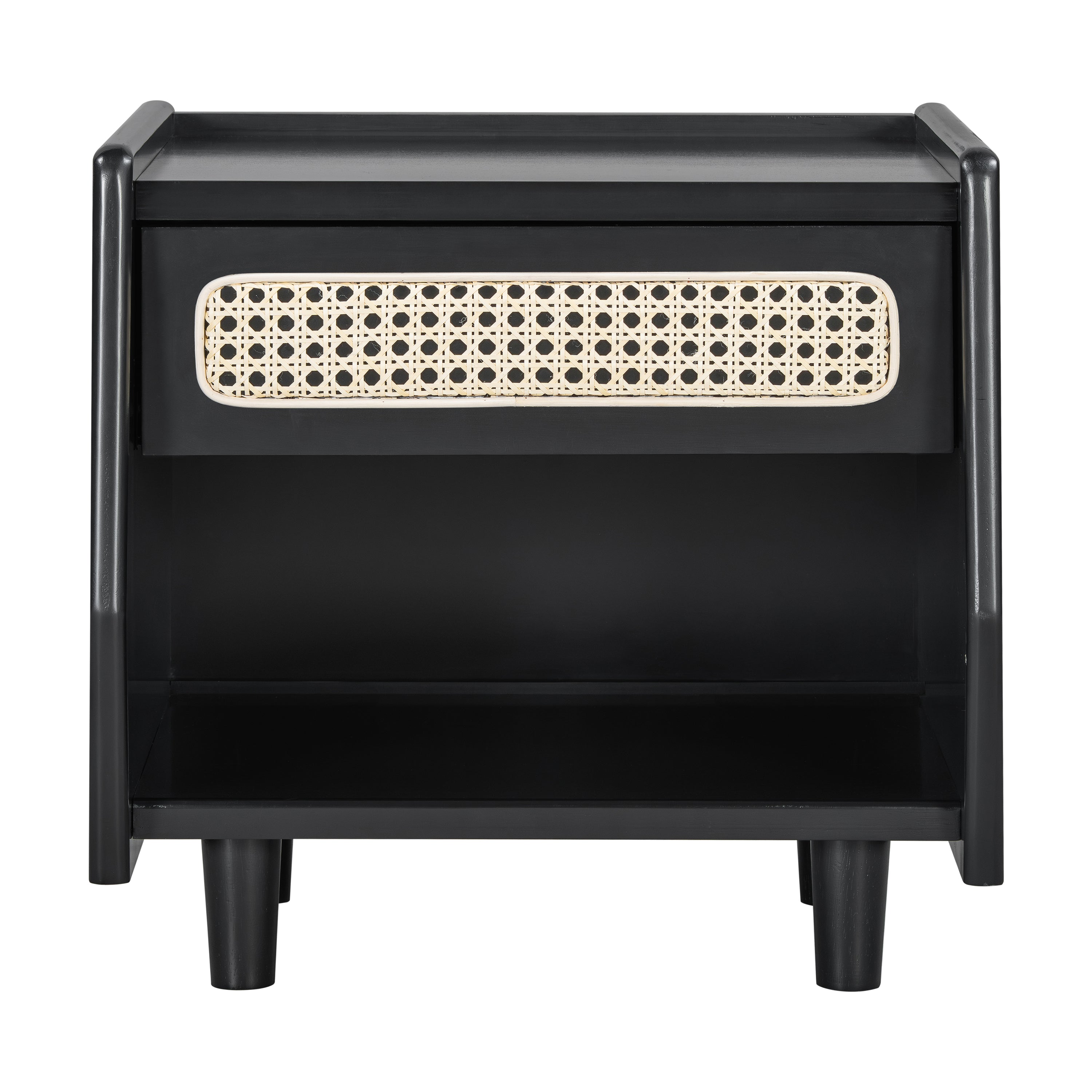 Black Nightstand with Rattan Detail