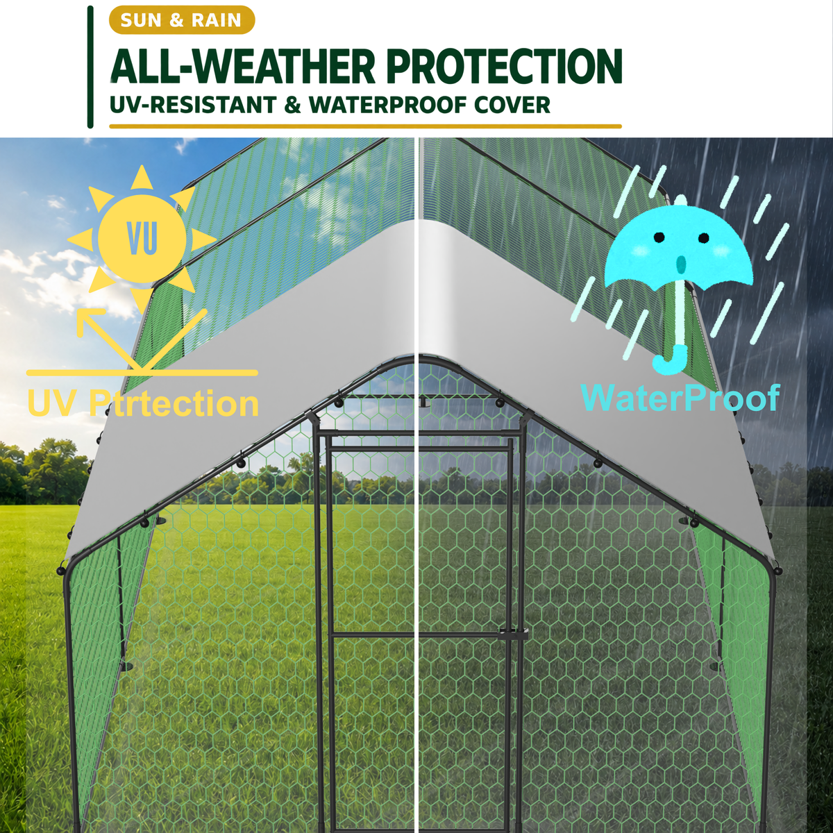 Large Metal Chicken Coop Run with Waterproof Cover, 19.7 x 9.8 x 6.6 ft, Black