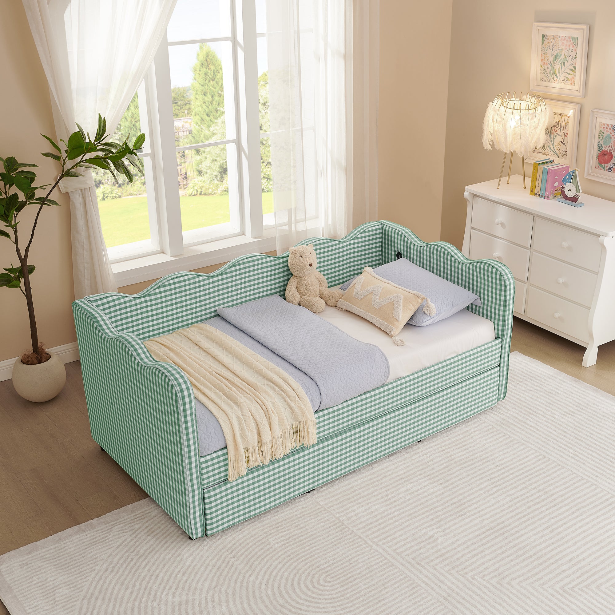 Cozy Gingham Daybed with Trundle Twin Size Sofa Bed