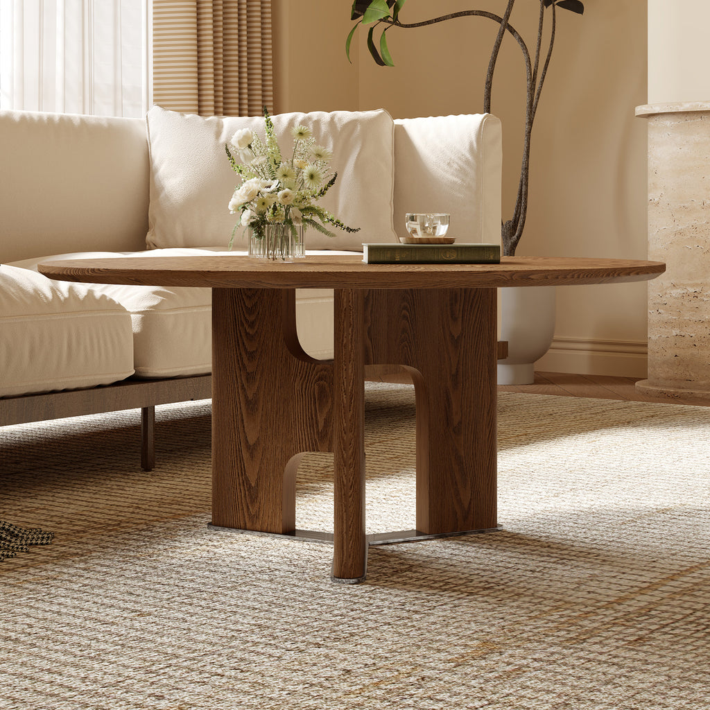 31.5 Inches Round Rustic Ash Wood Veneer Coffee Table
