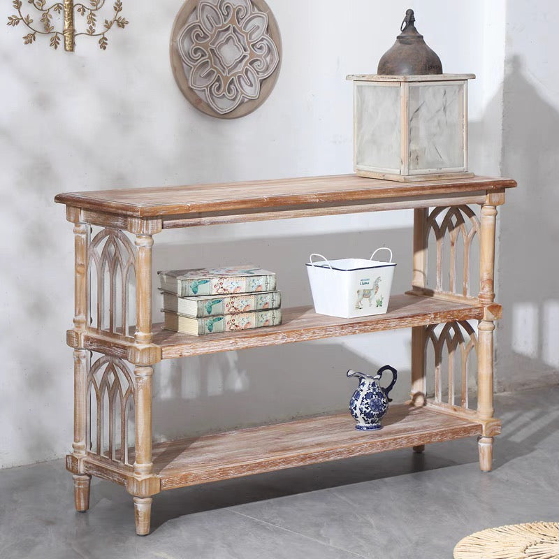 Rustic 3-Tier Console Table with Gothic-Inspired Details