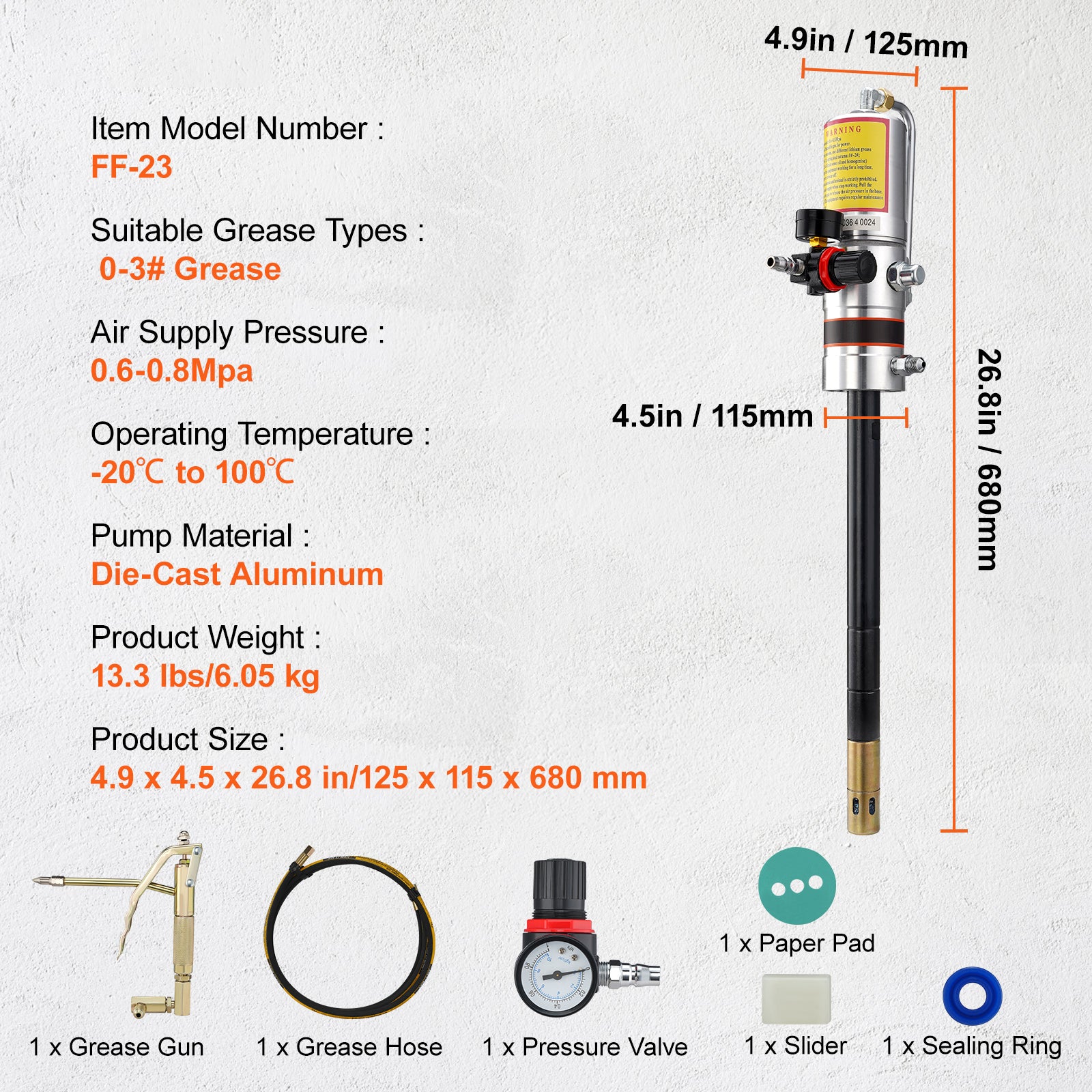 VEVOR Grease Pump, 50:1 Pressure Ratio Air Operated with Hose and Gun