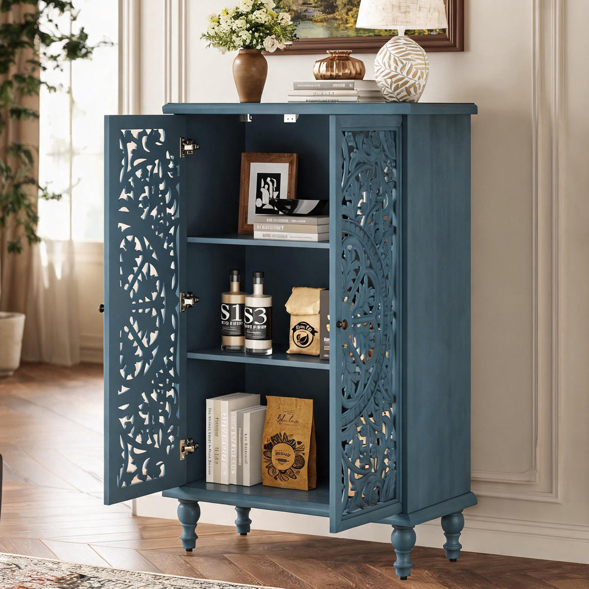 Farmhouse Accent Storage Cabinet, 2-Door Hollow Carved, Antique Blue