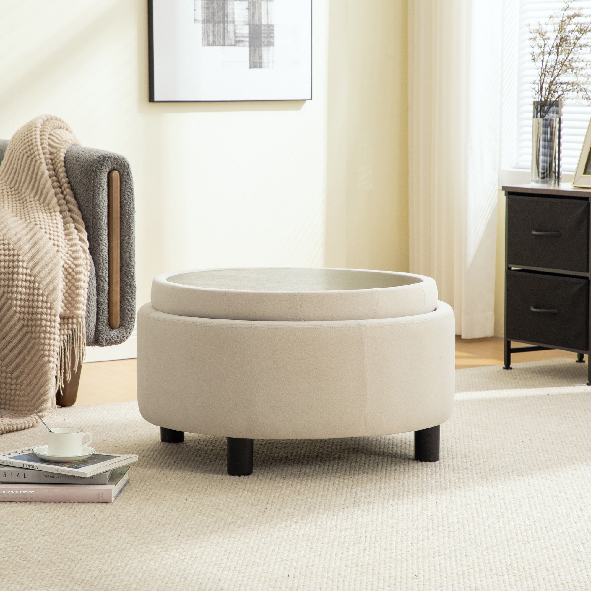 Upholstered Round Ottoman With Reversible Lid