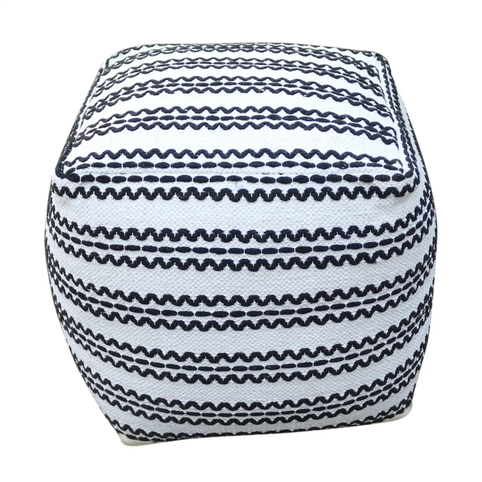 Lani Handcrafted Fabric Pouf - Durable Cotton Square in Natural / Black