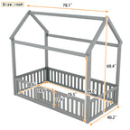 Twin Size Wood House Bed with Fence and Door - Gray