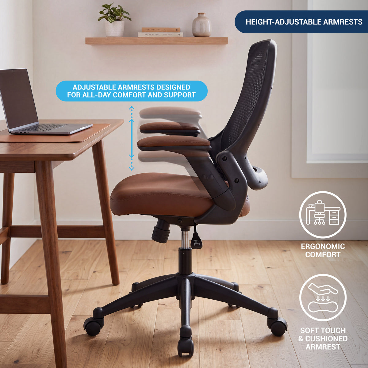 Techni Mobili Mid-Back Mesh Task Office Chair, Brown, Height Adjustable Arms