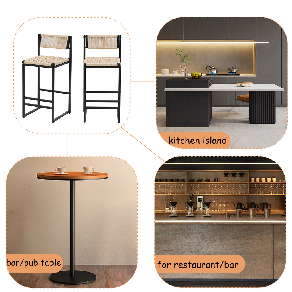 Set of 2 Woven Bar Stools with Backrest
