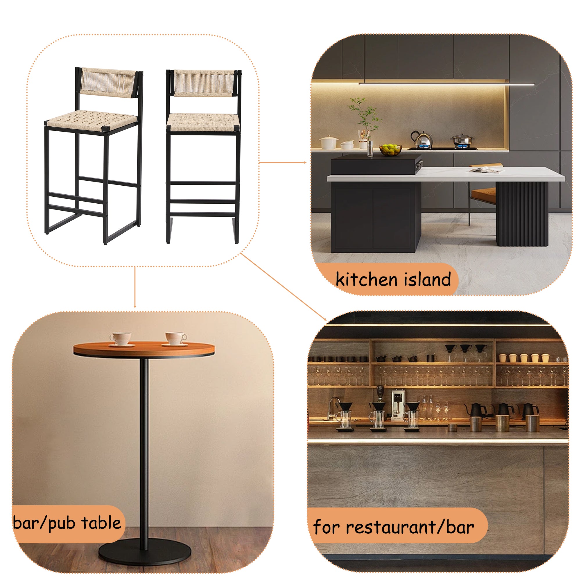 Set of 2 Woven Bar Stools with Backrest