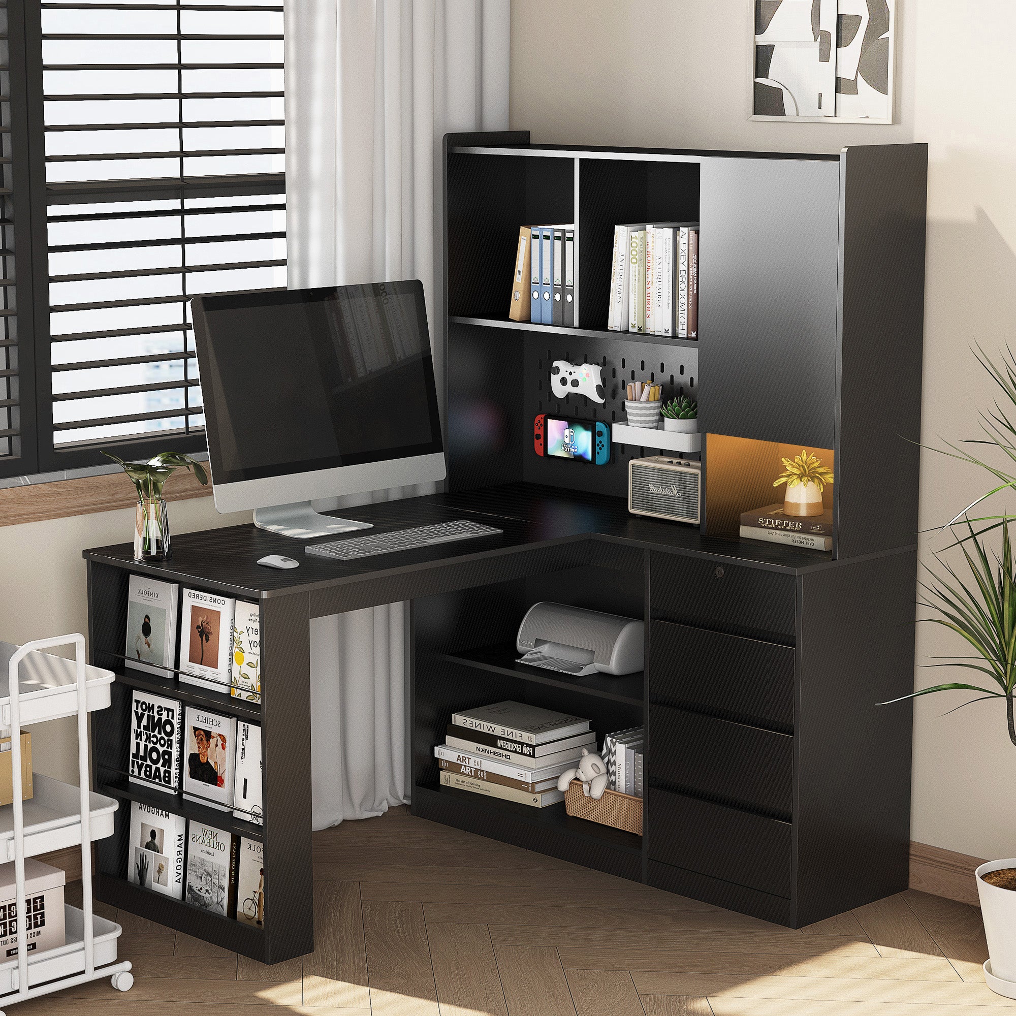 L Shaped Desk with Charger, Computer Desk with Drawers